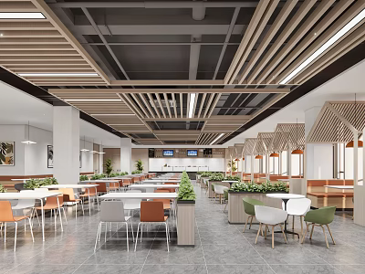 Modern Dining Area With Wooden Slat Ceiling Tables Chairs And Green Plants 3d model