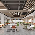 Modern Dining Area With Wooden Slat Ceiling Tables Chairs And Green Plants