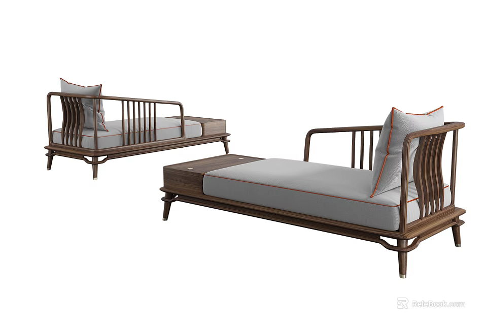 Elegant Modern Chaise Lounge With Wooden Frame Gray Cushions And Side Table 3d model 