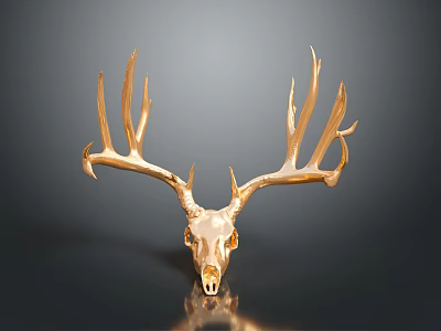 Golden Deer Skull With Large Antlers On Dark Background Showing Reflection 3d model