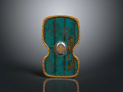 Green Wooden Shield As Medieval Weapon With Gold Edges Metal Emblem And Worn Details 3d model