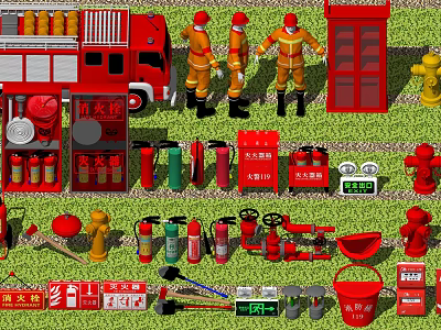 Fire Safety Equipment Display With Fire Truck Firefighters Extinguishers Hydrants And Tools 3d model