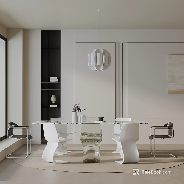 Modern Dining Table Set with White Chairs Transparent Table Pendant Light and Wall Artwork 3d model 
