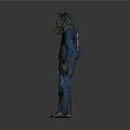 Person In Blue Jumpsuit With Wolf Head Mask And Yellow Eyes Horror Costume