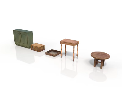 Collection of Wooden Furniture Including Cabinet Small Box Tray Console Table and Round Table 3d model