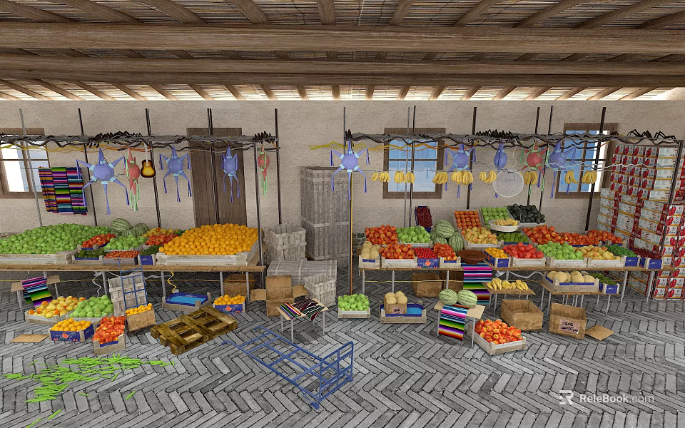 Fresh Fruits Vegetables Mall Store With Colorful Produce Display And Baskets 3d model 