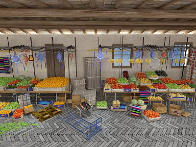 Fresh Fruits Vegetables Mall Store With Colorful Produce Display And Baskets 3d model