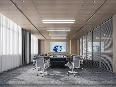 Modern conference room decision-making training room meeting table and chair large screen carpet high curtain 3d model