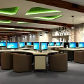 Modern Internet Cafe With Comfortable Seating Multiple Computers And Wooden Green Ceiling Design 3d model
