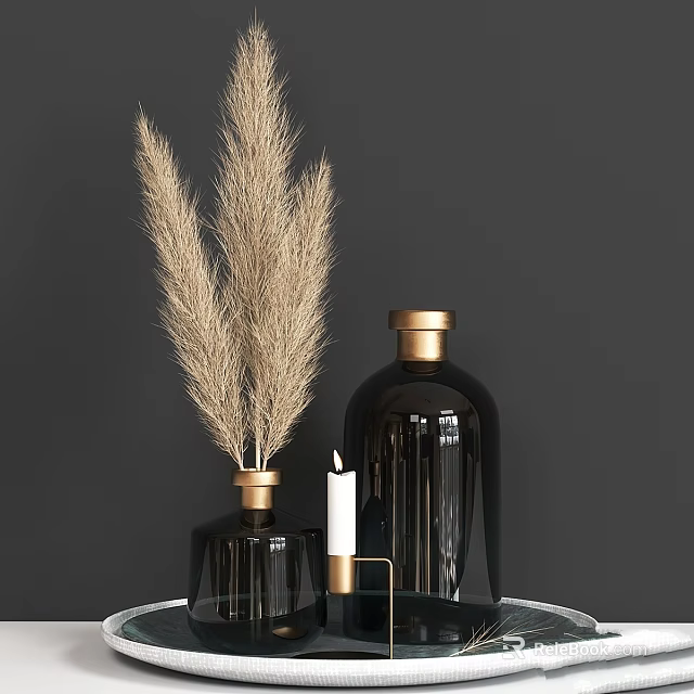 Elegant Decorative Ornament Set With Black Glass Vases Golden Rims Pampas Grass And White Candle 3d model 