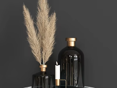 Elegant Decorative Ornament Set With Black Glass Vases Golden Rims Pampas Grass And White Candle 3d model