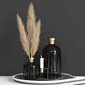 Elegant Decorative Ornament Set With Black Glass Vases Golden Rims Pampas Grass And White Candle