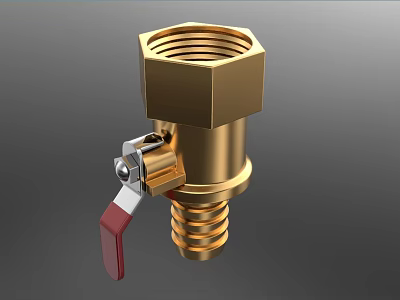 Gold Pipe Valve Fitting With Red Handle And Threaded Connection Structure 3d model