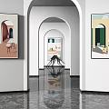 Modern Gallery With Arched Doorways Black Marble Floor And Black Sculpture