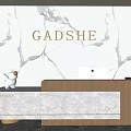 Elegant Reception Desk With Marble Texture Wall Golden GADSHE Logo Marble Countertop And Wooden Frame