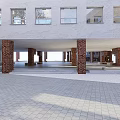 Modern School Building With Open Courtyard Trees Brick Walls And Wooden Structure