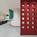 Modern Reception Area With Curved Front Desk Staff Member Pendant Light And Soft Decor