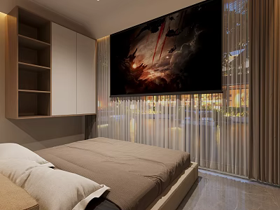 Apartment Bedroom With Bed Built In Cabinets And Projection Screen 3d model