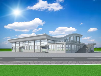 Modern Public Building With Large Glass Windows Blue Sky White Clouds Green Lawn And Sunshine 3d model