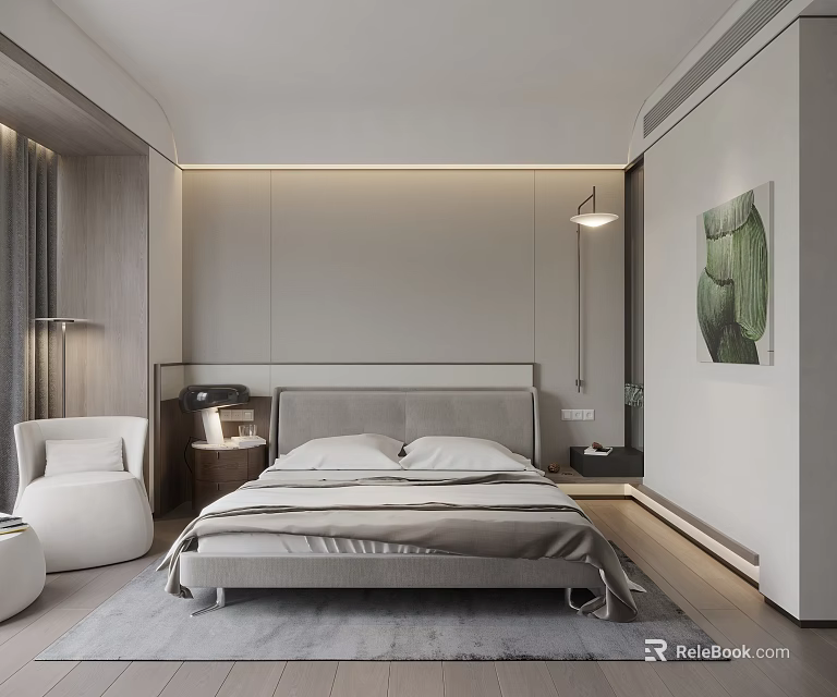 Modern Bedroom Interior With Neutral Tones Platform Bed White Accent Chair And Green Wall Art 3d model 