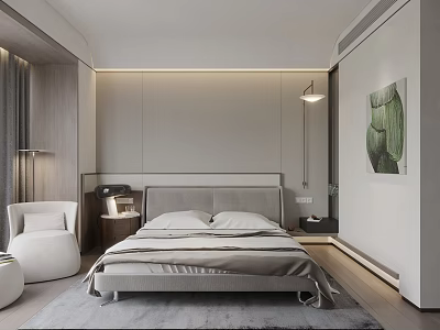 Modern Bedroom Interior With Neutral Tones Platform Bed White Accent Chair And Green Wall Art 3d model