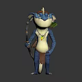 Cartoon Fantasy Game Movie Character With Blue Skin Large Ears Feather Headdress Necklace Holding Staff