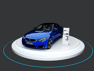 Car Display Stand With Blue BMW Vehicle On Circular Platform And Number 3 Sign 3d model