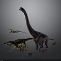 Group of Prehistoric Dinosaurs Featuring Long Necked Pterosaur Triceratops and Small Species
