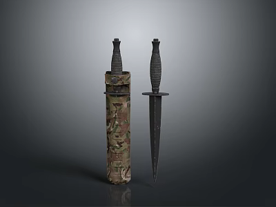 Two Military Knives One With Camouflage Sheath And Another With Black Handle On Gray Background 3d model