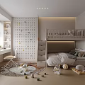 Kids Room Interior Featuring Bunk Bed Study Desk Perforated Wall Panel And Play Rug 3d model