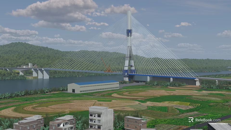 Modern Cable Stayed Bridge With Tower Over River And Green Farmland Hills 3d model 
