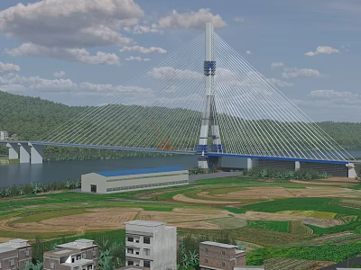 Modern Cable Stayed Bridge With Tower Over River And Green Farmland Hills 3d model