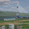 Modern Cable Stayed Bridge With Tower Over River And Green Farmland Hills