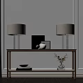 Modern Console Table with Table Lamps Picture Frame Ceramic Vases Books and Plant