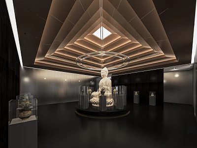 Exhibition Hall Interior With Central White Statue Display Cases And Geometric Ceiling Design 3d model