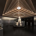 Exhibition Hall Interior With Central White Statue Display Cases And Geometric Ceiling Design 3d model