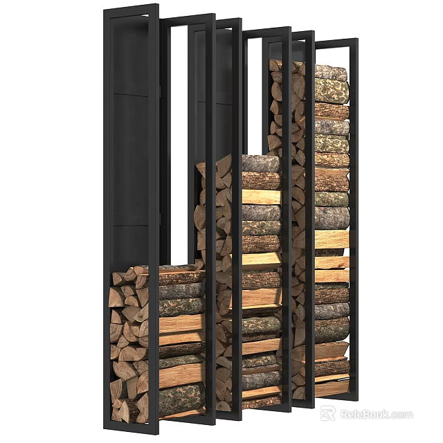 Modern Stone Wood Decorative Structure With Stacked Logs And Metal Frames 3d model
