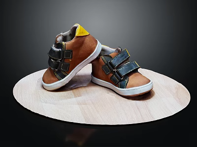 Kids Brown Shoes With Yellow Tongue Black Velcro Straps And White Rubber Sole For Comfortable Wear 3d model