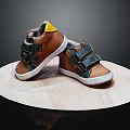 Kids Brown Shoes With Yellow Tongue Black Velcro Straps And White Rubber Sole For Comfortable Wear