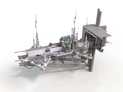 Futuristic Mechanical Floating Platform With Tall Towers And Urban Buildings 3d model