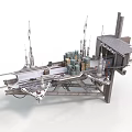 Futuristic Mechanical Floating Platform With Tall Towers And Urban Buildings