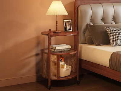 Wooden Bedside Table With Table Lamp Photo Frame Books And Rattan Basket Next To Bed 3d model