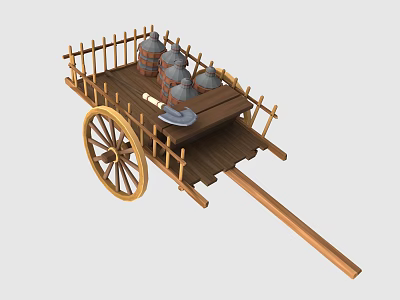 Traditional Wooden Cart With Spoked Wheel Clay Pots And Axe On Board 3d model