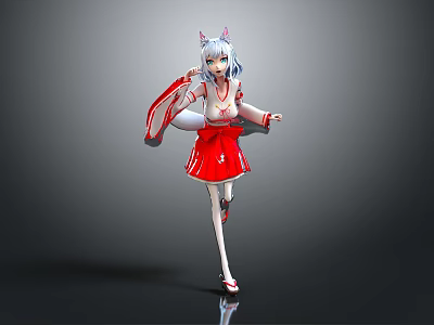 Anime Style Game Movie Character With White Hair Cat Ears Red Skirt White Top And Cape 3d model