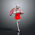 Anime Style Game Movie Character With White Hair Cat Ears Red Skirt White Top And Cape