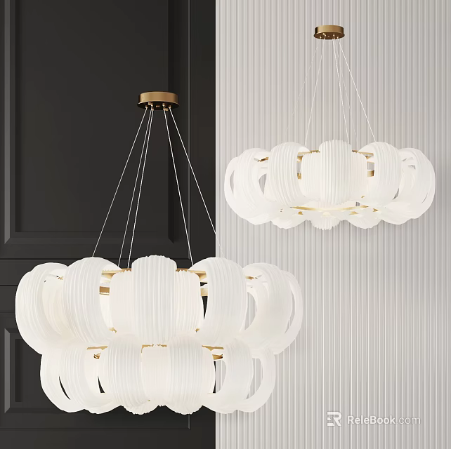 White Modern Chandelier with Gold Brass Circular Rings Hanging in Interior Design 3d model 
