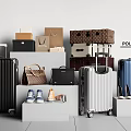 Stylish Travel Suitcases Leather Handbags And Paper Shopping Bags On Display With Shoes