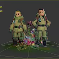Two Characters In Green Uniforms Standing With Colorful Mushrooms And Plants
