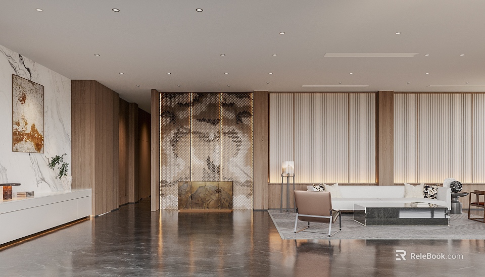 Elegant Modern Hotel Lobby With Spacious Reception Area Comfortable Sofa And Decorative Mural 3d model 