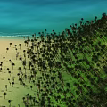 3D Rendered Natural Landscape With Blue Water Sandy Beach And Green Vegetation